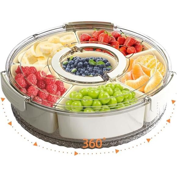 divided serving tray with lid handle snackle box spinning veggie fruit candy